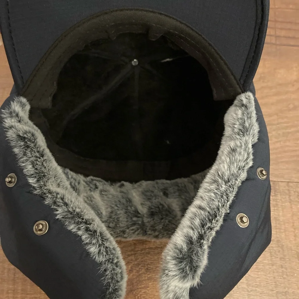 Supplex Fitted Trapper Hat Navy Blue Faux Fur Winter Cap OSFM